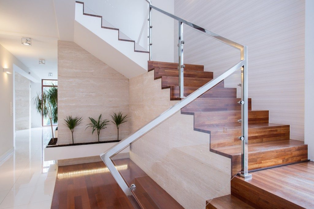 Modern staircase with wooden stair treads